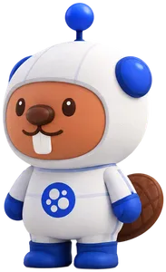 Beam, the superhuman AI teammate for creators that Beacons is building: a beaver in a white astronaut suit with a blue antenna, blue gloves and boots, and a Beacons badge on his chest