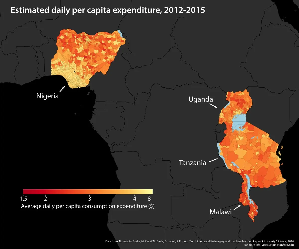 Map of Nigeria, Uganda, Tanzania and Malawi shaded by estimated daily spending per person, from about $1.50 (dark red) to $8 (pale yellow), 2012 to 2015