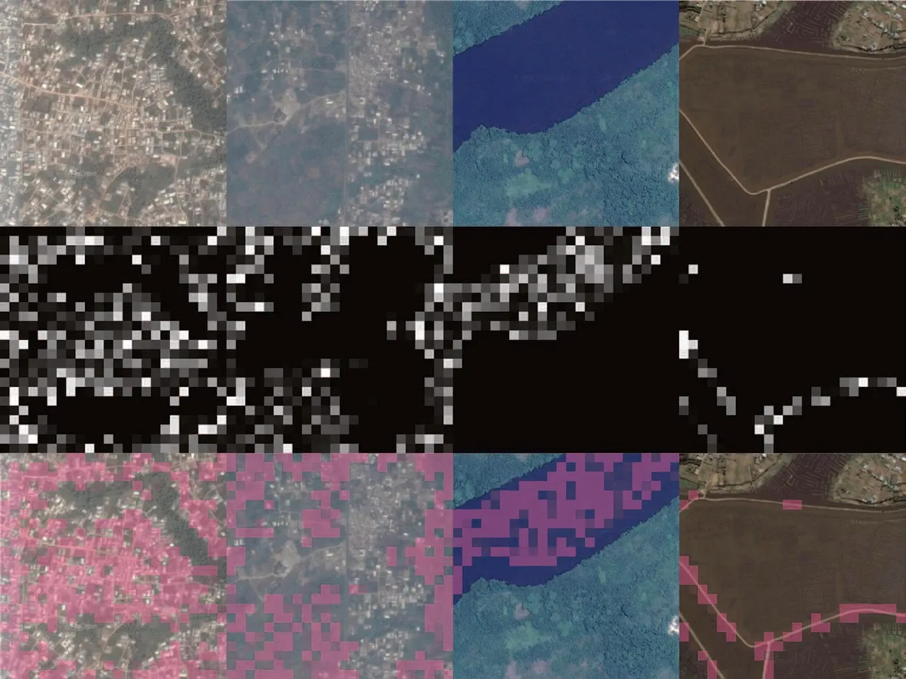 A grid of four satellite images (a town, a village, a lake, and farmland with roads), each above the pixels one learned filter responds to and an overlay highlighting them in pink