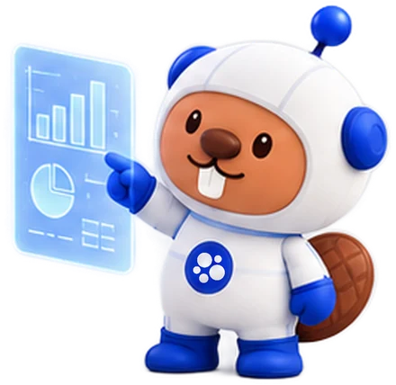 Beam, the Beacons mascot, pointing at a holographic dashboard