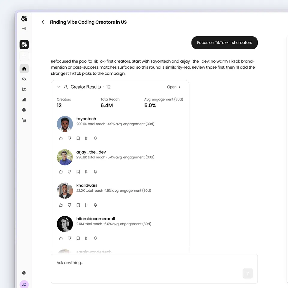 Beacons AI search results for TikTok-first creators in the US, with reach and engagement for each