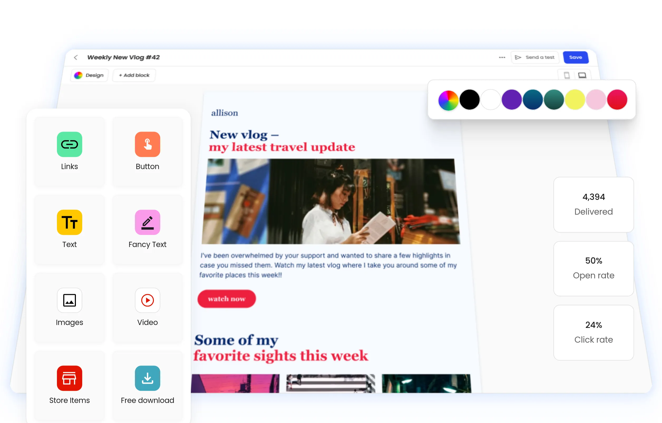 The Beacons email editor with content blocks, a colour palette and delivery stats