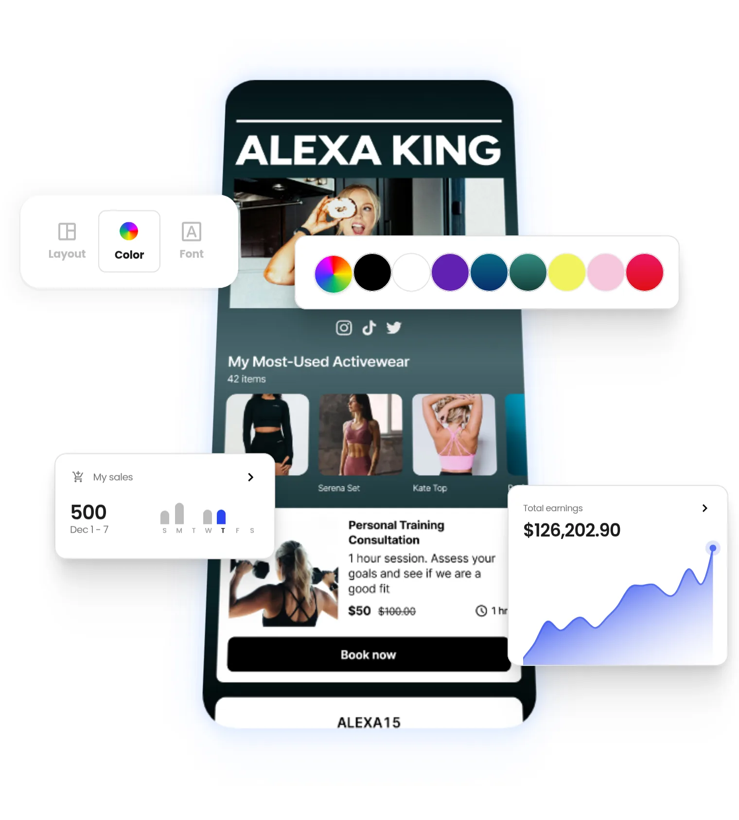 A Beacons Link in Bio page with design, sales and earnings widgets