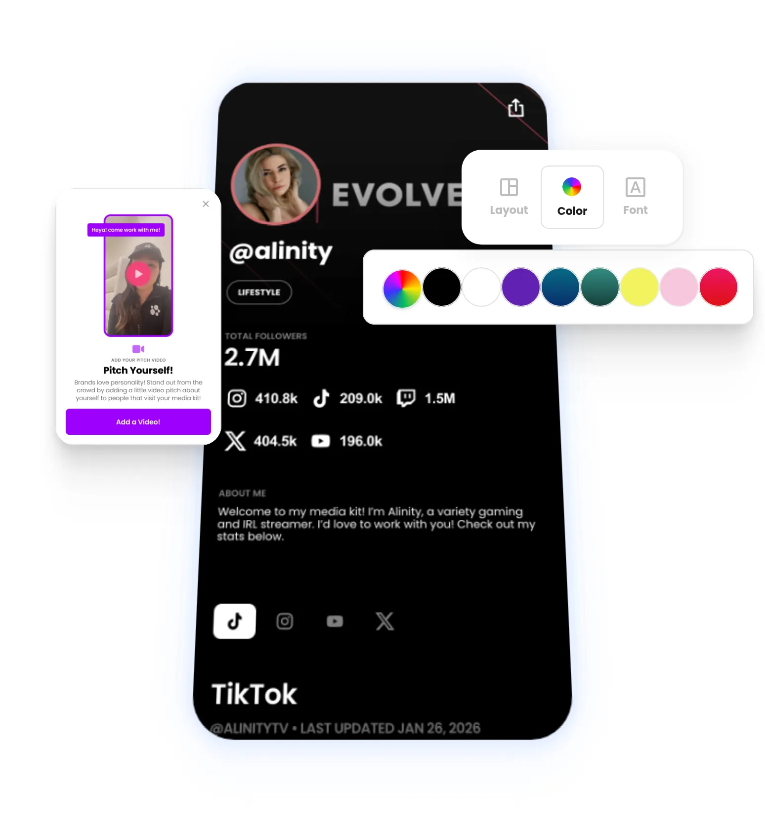 A Beacons media kit showing follower stats and design controls