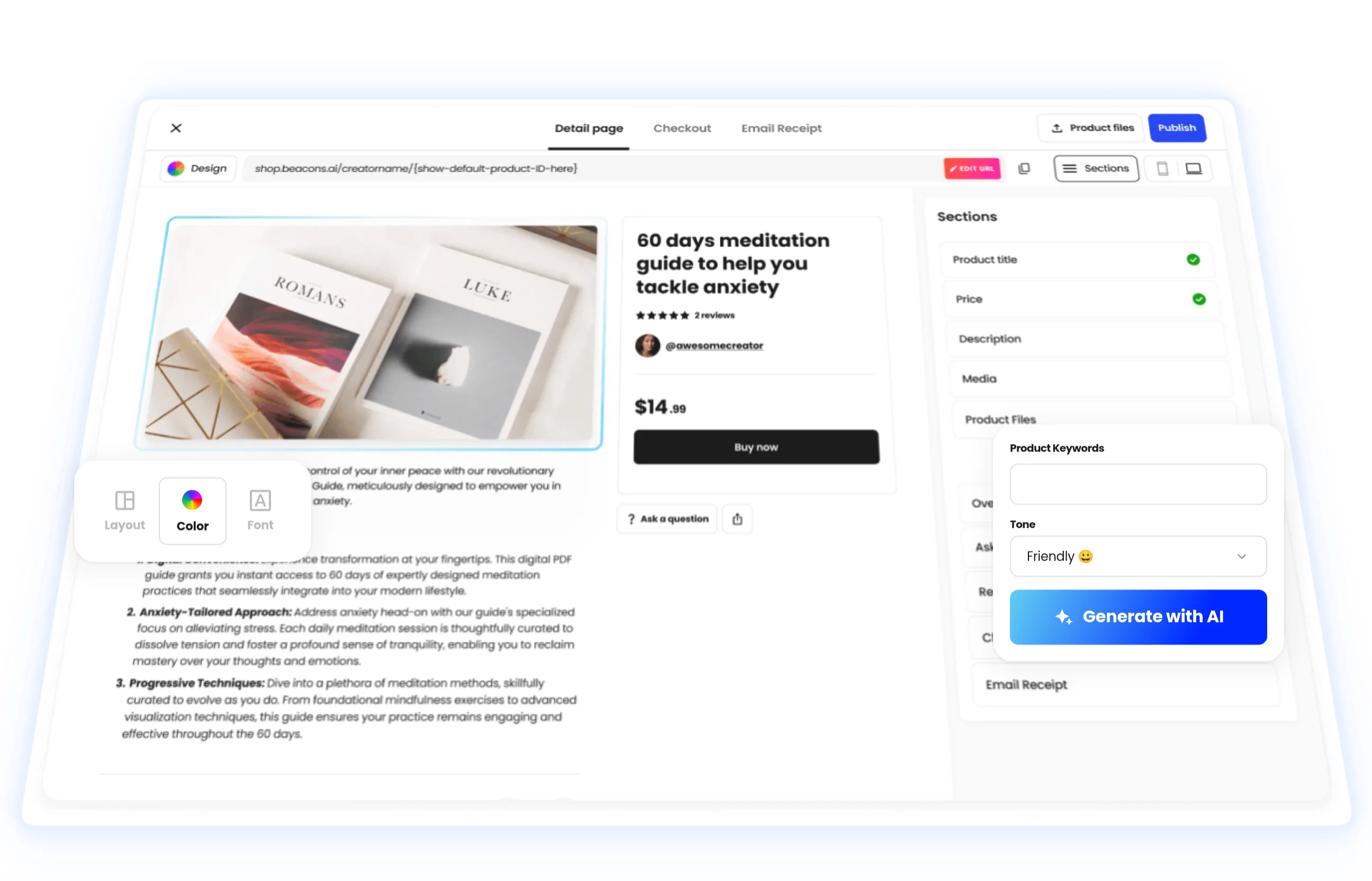 The Beacons store editor: a product page with AI copy tools and checkout settings