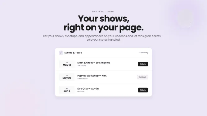 Events and Tours: put your shows on your page
