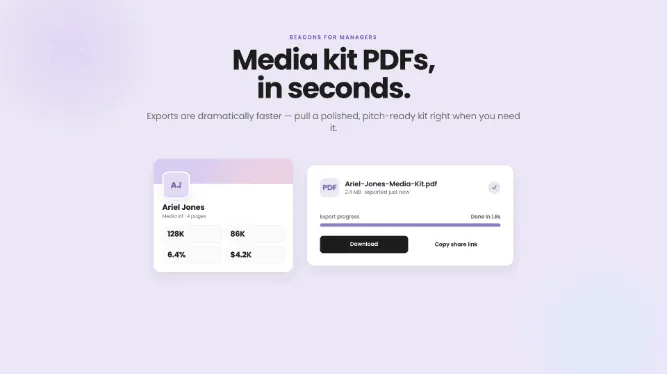 Media kit PDFs that export in seconds