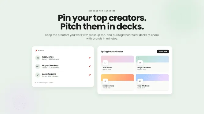 Roster pins and decks: pitch your top creators faster
