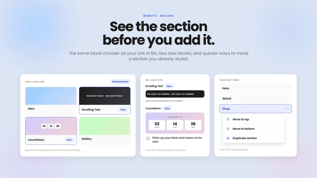 Website editing levels up: a better block chooser, new blocks, quicker moves