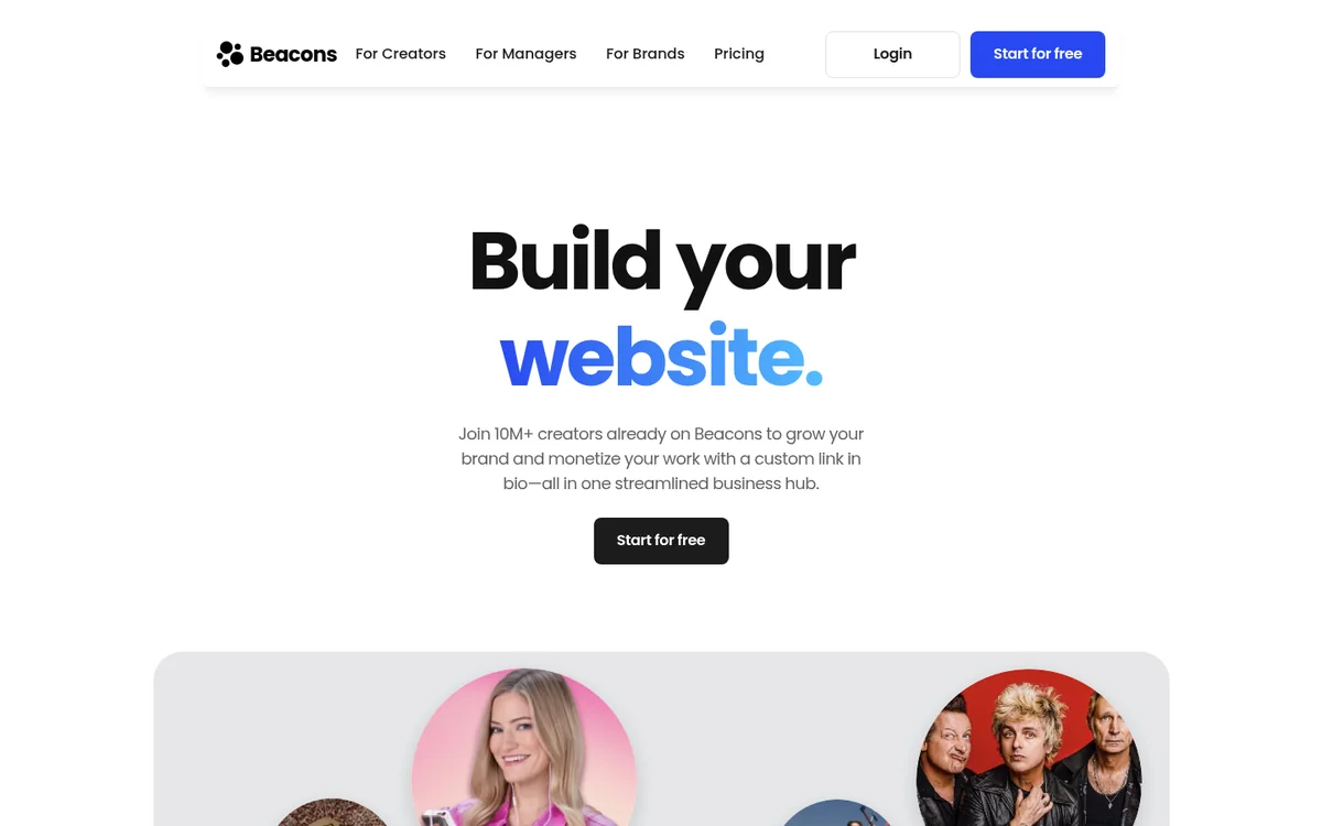 Screenshot of the rebuilt beacons.ai homepage hero, "Build your website." with the creator collage below